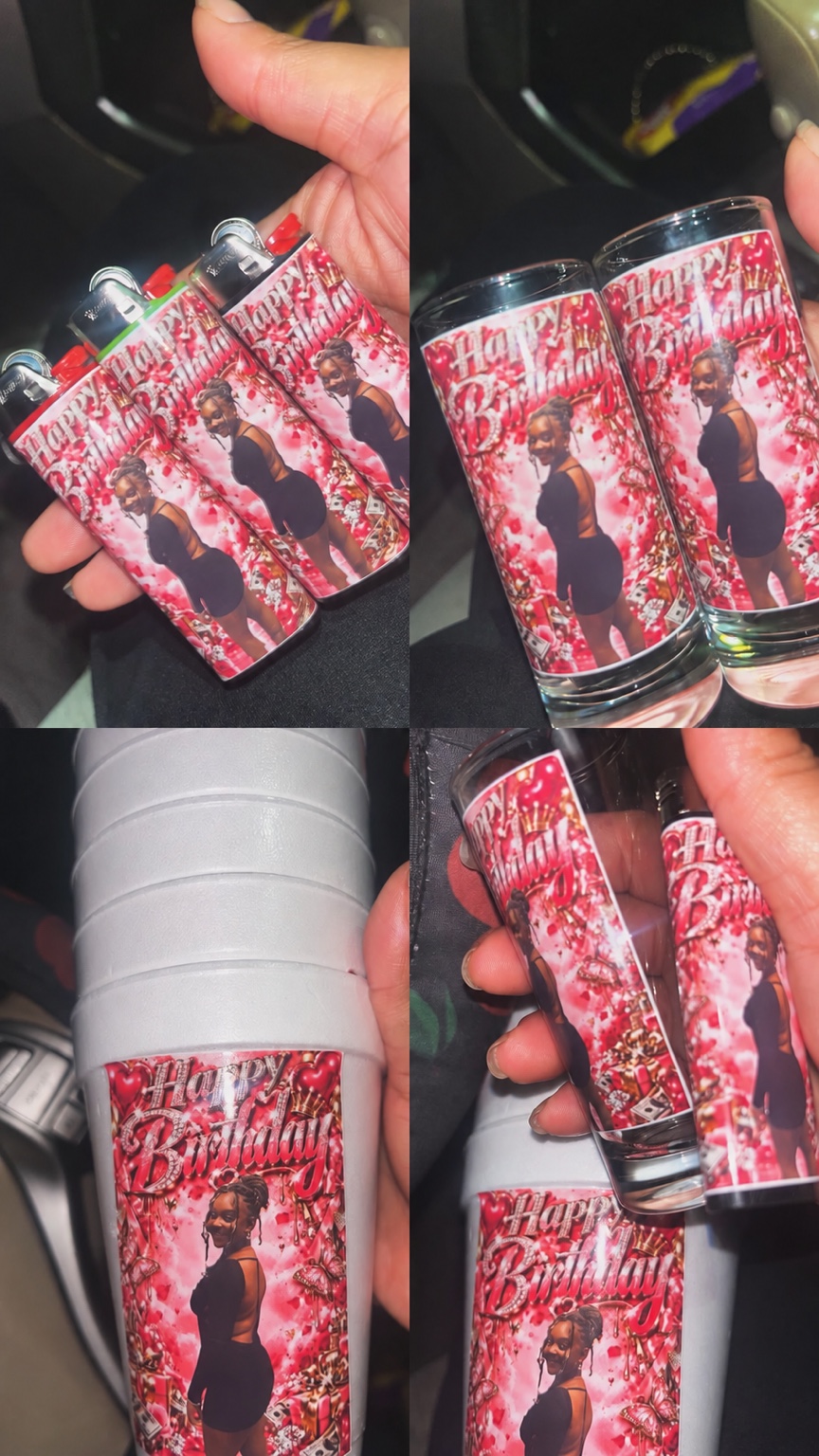 Matching birthday party pack with personalized lighters, shot glasses and cups in a pink and red photo design